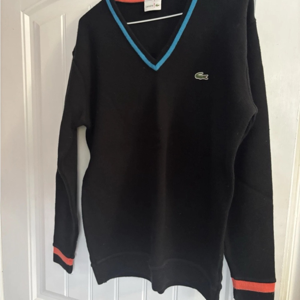 Lacoste Men's Black V-Neck Sweater with Blue and Red Trim